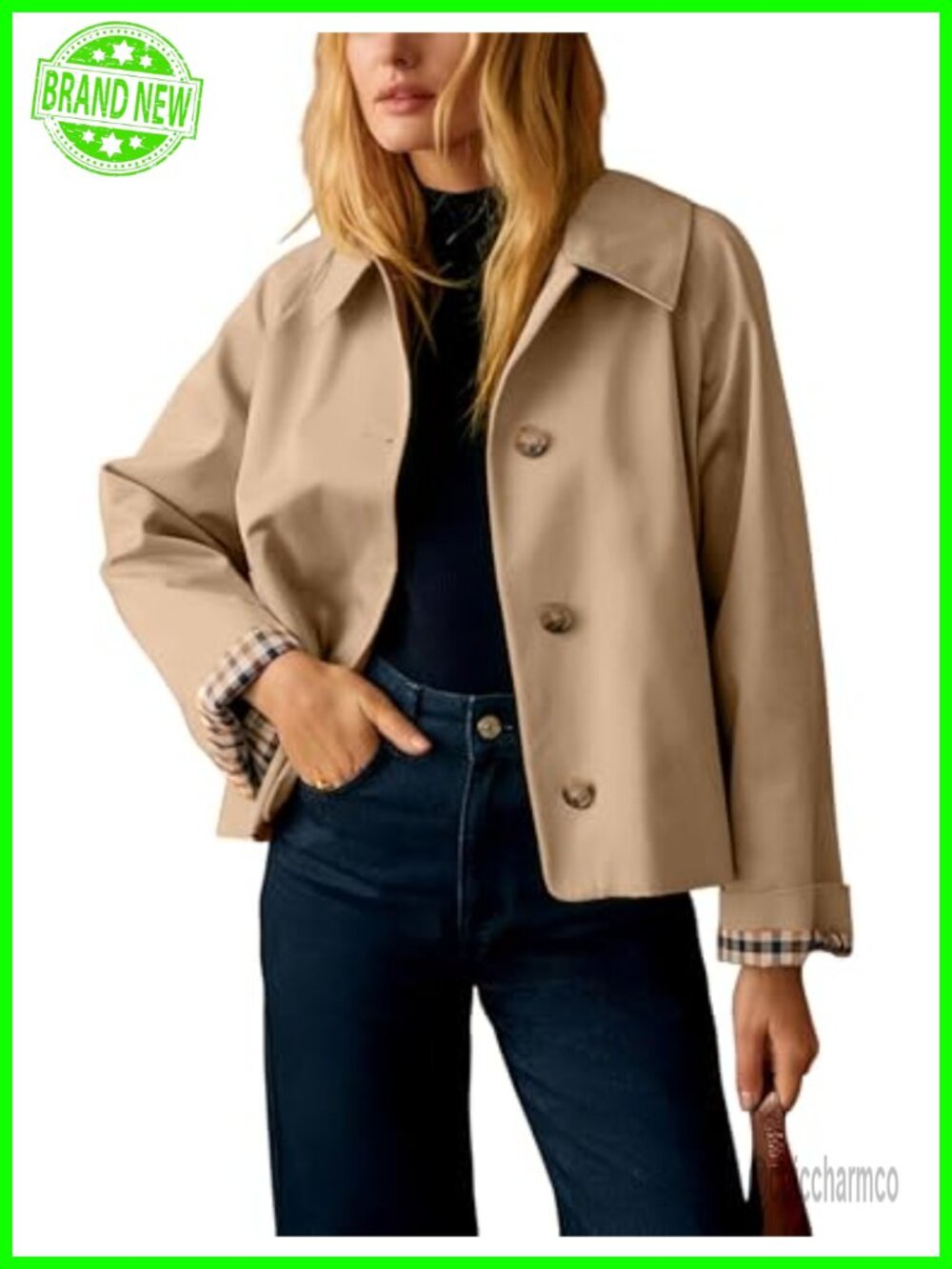 Womens Plaid Trench Coat Button Down Roll Up Sleeve Loose Fit Jacket